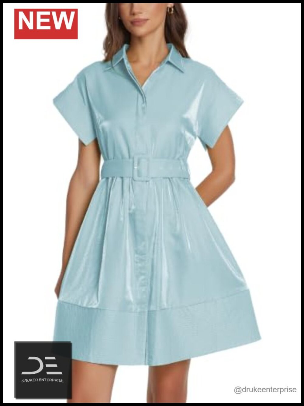 Women Casual V-Neck Button Down Shirt Dress Short Sleeve Mini Belted